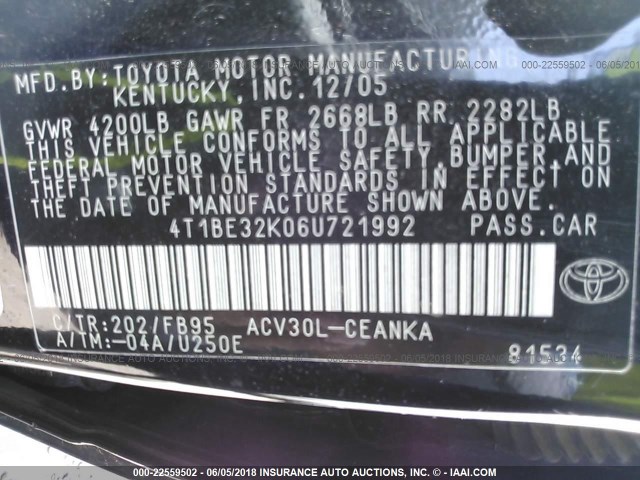 4T1BE32K06U721992 - 2006 TOYOTA CAMRY LE/XLE/SE Qara foto 9