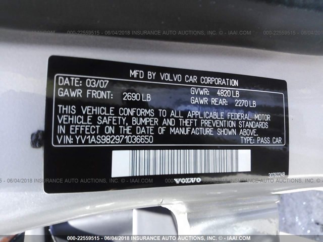 YV1AS982971036650 - 2007 VOLVO S80 3.2 SILVER photo 9