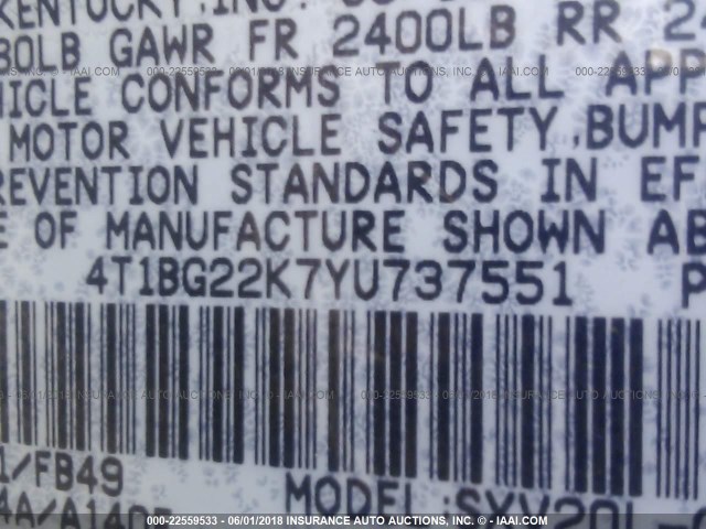 4T1BG22K7YU737551 - 2000 TOYOTA CAMRY CE/LE/XLE GREEN photo 9