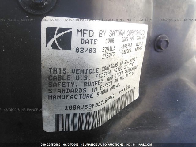 1G8AJ52F03Z164942 - 2003 SATURN ION LEVEL 2 BLACK photo 9
