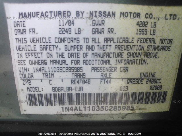 1N4AL11D35C285985 - 2005 NISSAN ALTIMA S/SL 绿色 照片 9