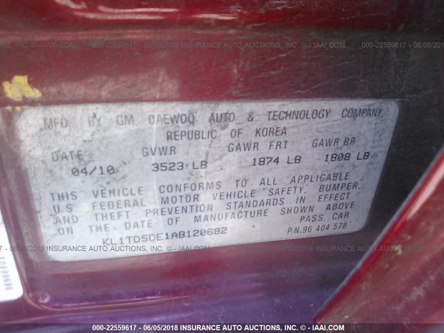 KL1TD5DE1AB120682 - 2010 CHEVROLET AVEO LS/LT RED photo 9