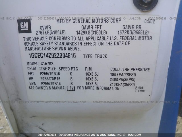 1GCEC14Z92Z304616 - 2002 CHEVROLET SILVERADO C1500 WHITE photo 9