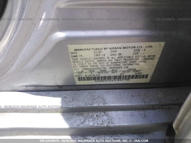 1N4BA41EX5C847790 - 2005 NISSAN MAXIMA SE/SL SILVER photo 9