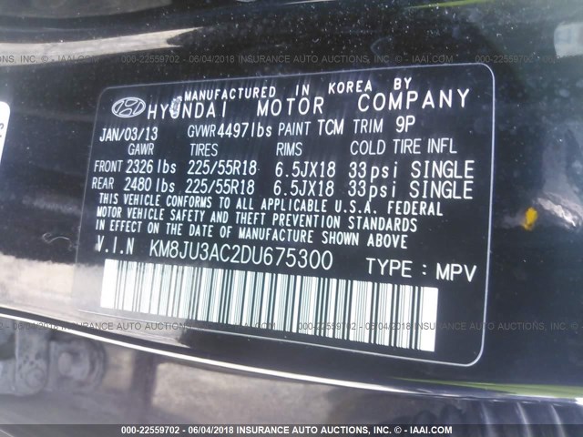 KM8JU3AC2DU675300 - 2013 HYUNDAI TUCSON GLS/LIMITED 黑色 照片 9