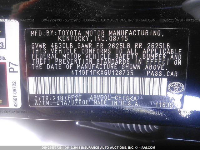 4T1BF1FKXGU128735 - 2016 TOYOTA CAMRY LE/XLE/SE/XSE BLACK photo 9