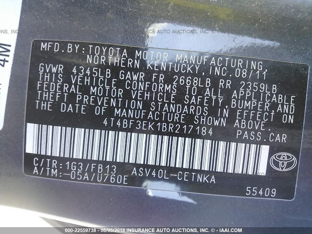 4T4BF3EK1BR217184 - 2011 TOYOTA CAMRY SE/LE/XLE 银色 照片 9