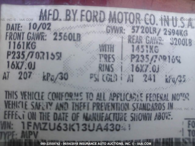 1FMZU63K13UA43041 - 2003 FORD EXPLORER XLT/XLT SPORT/NBX 红色 照片 9