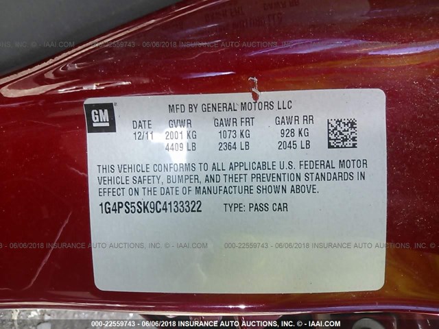 1G4PS5SK9C4133322 - 2012 BUICK VERANO RED photo 9