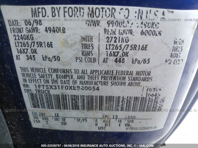 1FTSX31F0XEB40054 - 1999 FORD F350 SRW SUPER DUTY BLUE photo 9