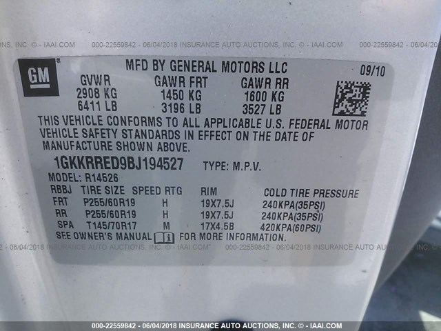 1GKKRRED9BJ194527 - 2011 GMC ACADIA SLT-1 SILVER photo 9