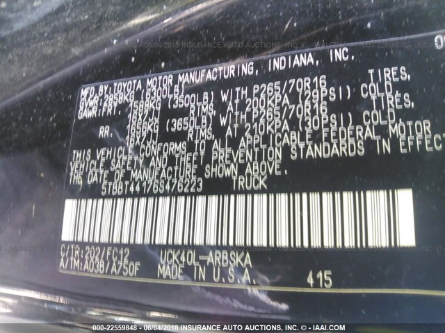 5TBBT44176S476223 - 2006 TOYOTA TUNDRA ACCESS CAB SR5 BLACK photo 9