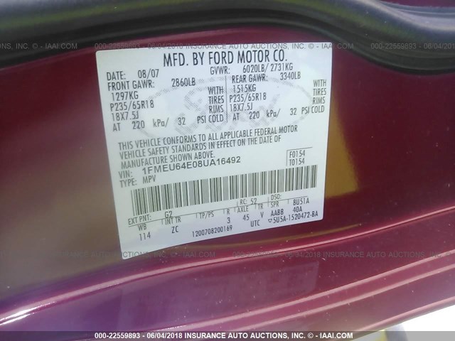 1FMEU64E08UA16492 - 2008 FORD EXPLORER EDDIE BAUER RED photo 9