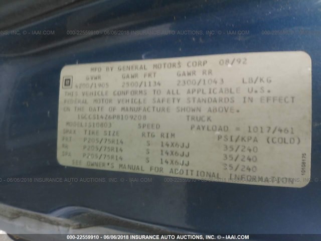 1GCCS14Z6P8109208 - 1993 CHEVROLET S TRUCK S10 BLUE photo 9
