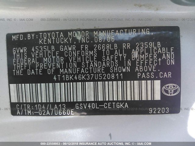 4T1BK46K37U520811 - 2007 TOYOTA CAMRY NEW GENERAT LE/XLE/SE SILVER photo 9