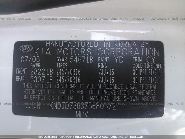 KNDJD736375680572 - 2007 KIA SORENTO EX/LX WHITE photo 9