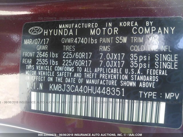 KM8J3CA40HU448351 - 2017 HYUNDAI TUCSON LIMITED/SPORT AND ECO/SE RED photo 9