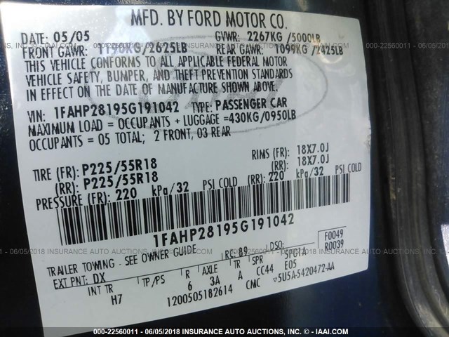 1FAHP28195G191042 - 2005 FORD FIVE HUNDRED LIMITED BLUE photo 9