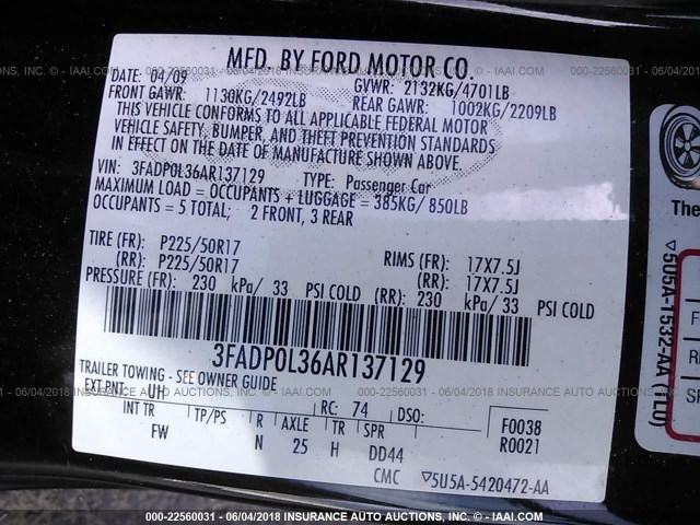 3FADP0L36AR137129 - 2010 FORD FUSION HYBRID BLACK photo 9