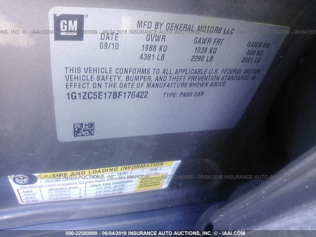 1G1ZC5E17BF176422 - 2011 CHEVROLET MALIBU 1LT ნაცრისფერი ფოტო 9