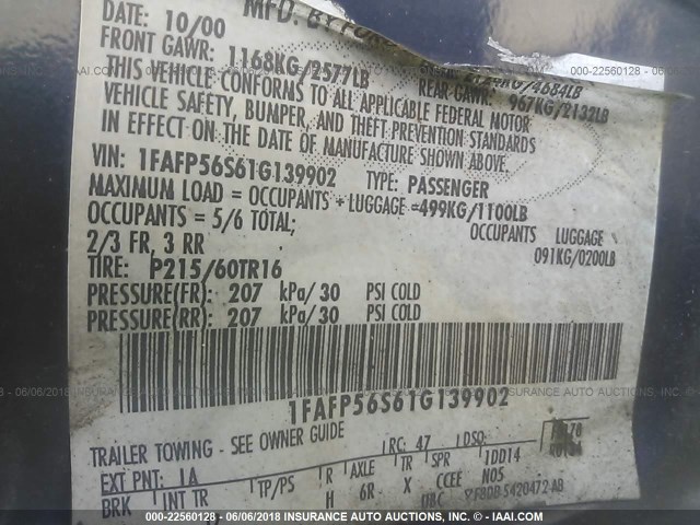 1FAFP56S61G139902 - 2001 FORD TAURUS SEL BLUE photo 9