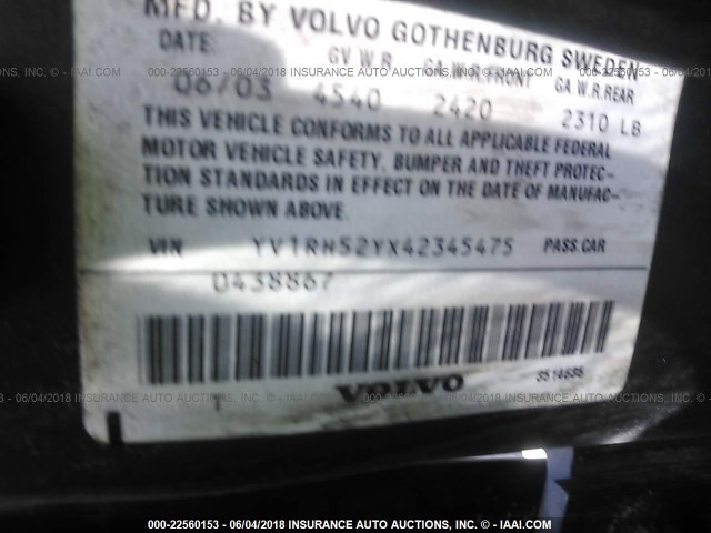 YV1RH52YX42345475 - 2004 VOLVO S60 R GRAY photo 9