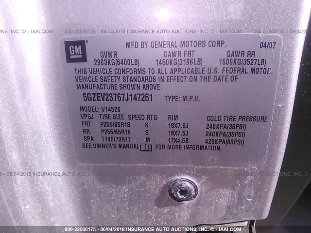 5GZEV23767J147261 - 2007 SATURN OUTLOOK XR ვერცხლისფერი ფოტო 9