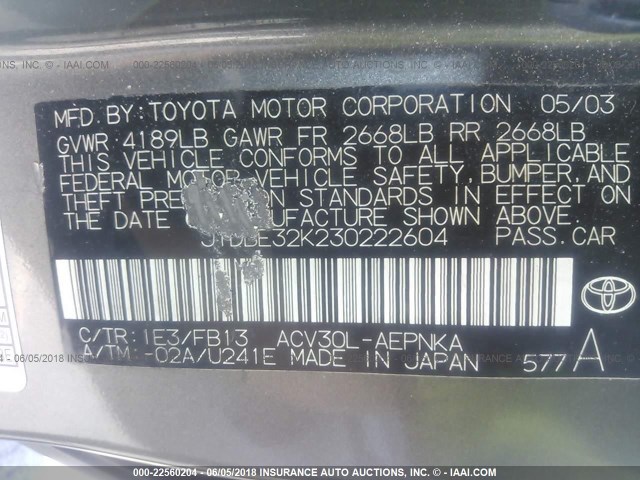 JTDBE32K230222604 - 2003 TOYOTA CAMRY LE/XLE GRAY photo 9