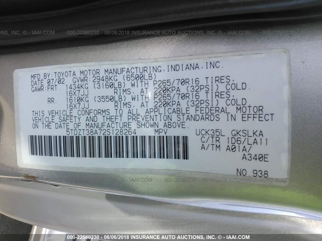 5TDZT38A72S128264 - 2002 TOYOTA SEQUOIA LIMITED GRAY photo 9