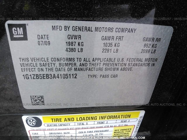 1G1ZB5EB3A4105112 - 2010 CHEVROLET MALIBU LS BLACK photo 9