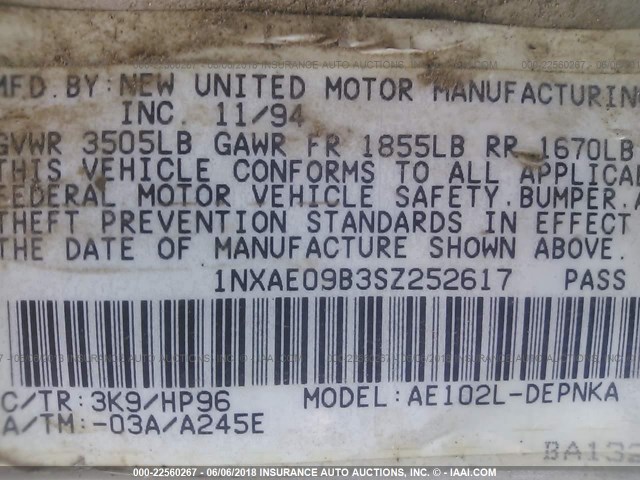 1NXAE09B3SZ252617 - 1995 TOYOTA COROLLA LE/DX TAN photo 9