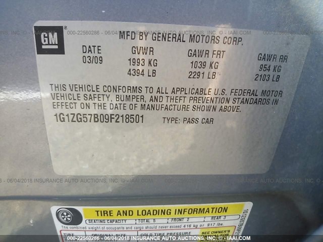 1G1ZG57B09F218501 - 2009 CHEVROLET MALIBU LS BLUE photo 9