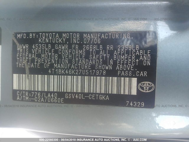 4T1BK46K27U517978 - 2007 TOYOTA CAMRY NEW GENERAT LE/XLE/SE GREEN photo 9