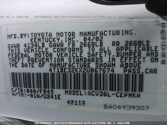 4T1BE32KX2U067674 - 2002 TOYOTA CAMRY LE/XLE/SE Ağ foto 9