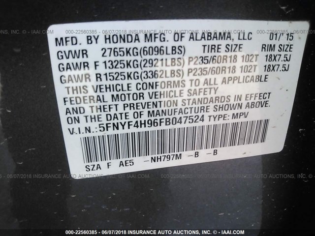 5FNYF4H96FB047524 - 2015 HONDA PILOT TOURING GRAY photo 9