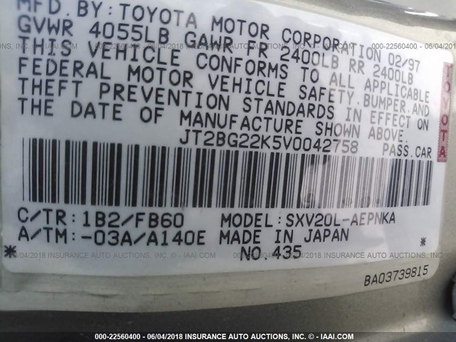 JT2BG22K5V0042758 - 1997 TOYOTA CAMRY LE/XLE Сұр фото 9