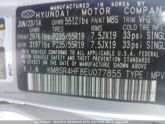 KM8SR4HF8EU077855 - 2014 HYUNDAI SANTA FE LIMITED SILVER photo 9