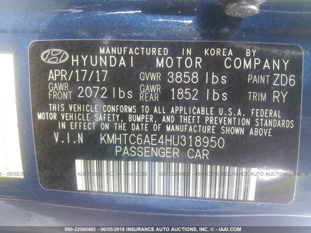 KMHTC6AE4HU318950 - 2017 HYUNDAI VELOSTER TURBO BLUE photo 9