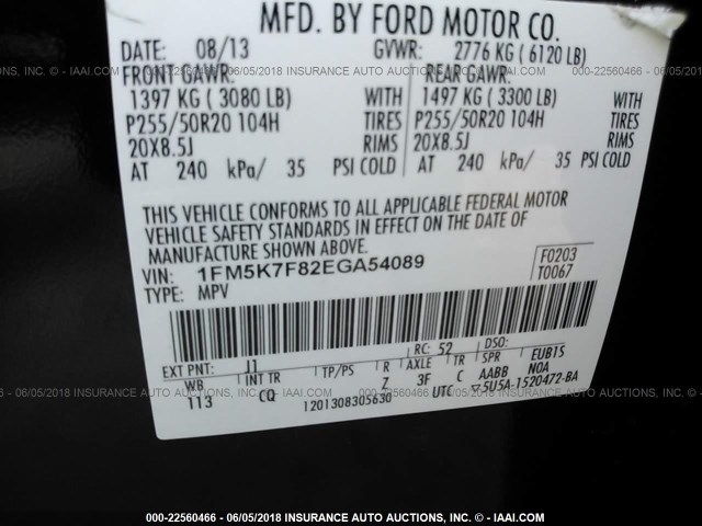 1FM5K7F82EGA54089 - 2014 FORD EXPLORER LIMITED BLACK photo 9