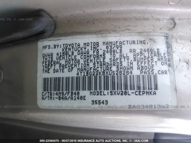 4T1BG22K11U811035 - 2001 TOYOTA CAMRY CE/LE/XLE 金色 照片 9