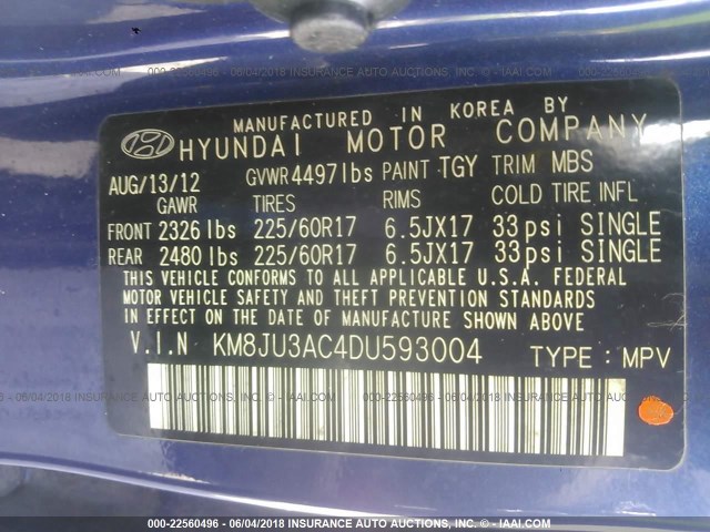 KM8JU3AC4DU593004 - 2013 HYUNDAI TUCSON GLS/LIMITED BLUE photo 9