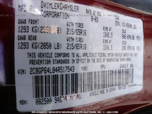 2C8GP64L84R517543 - 2004 CHRYSLER TOWN & COUNTRY LIMITED RED photo 9