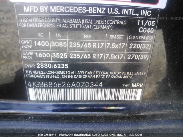 4JGBB86E26A070344 - 2006 MERCEDES-BENZ ML 350 BLACK photo 9