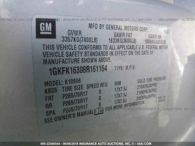 1GKFK16308R161164 - 2008 GMC YUKON XL K1500 GOLD photo 9