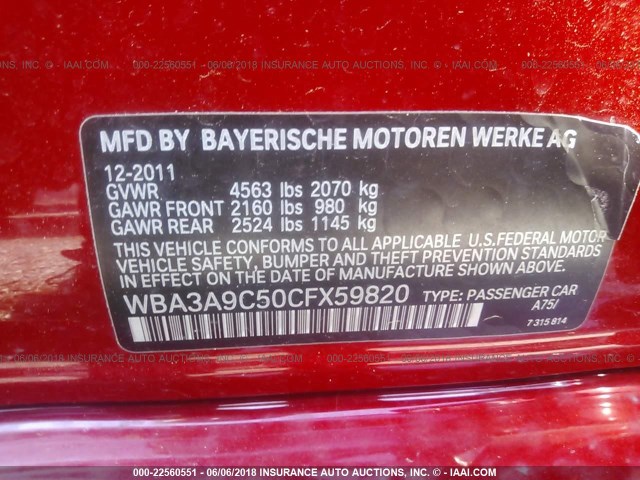 WBA3A9C50CFX59820 - 2012 BMW 335 I RED photo 9