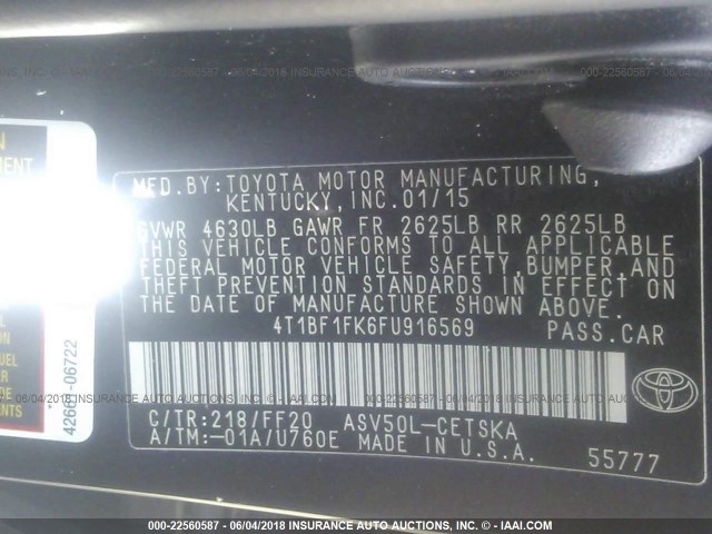 4T1BF1FK6FU916569 - 2015 TOYOTA CAMRY LE/XLE/SE/XSE BLACK photo 9