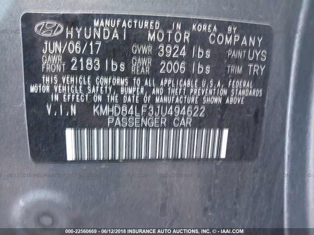 KMHD84LF3JU494622 - 2018 HYUNDAI ELANTRA SEL/VALUE/LIMITED GRAY photo 9