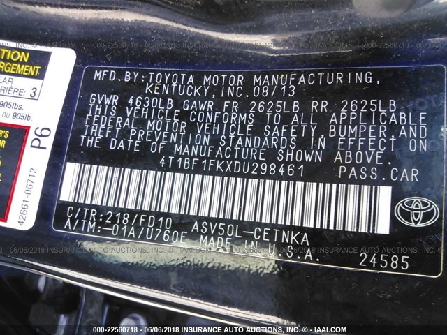 4T1BF1FKXDU298461 - 2013 TOYOTA CAMRY L/SE/LE/XLE 黑色 照片 9