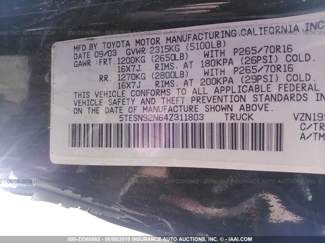 5TESN92N64Z311803 - 2004 TOYOTA TACOMA XTRACAB PRERUNNER 黑色 照片 9