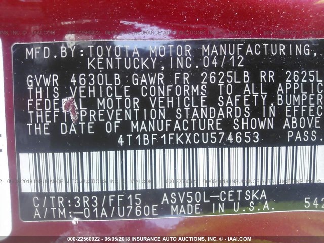 4T1BF1FKXCU574653 - 2012 TOYOTA CAMRY SE/LE/XLE 红色 照片 9